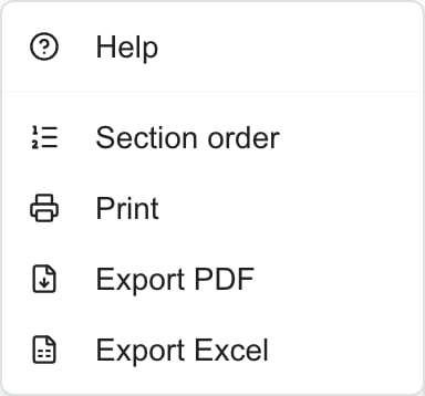 Budget header menu offering Help, Section order, Print, Export PDF and Export Excel.