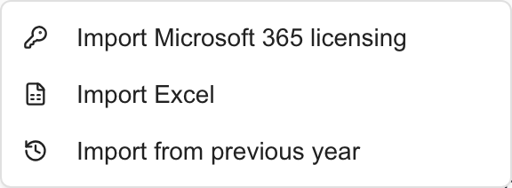 Budget Import menu showing Import Microsoft 365 licensing.