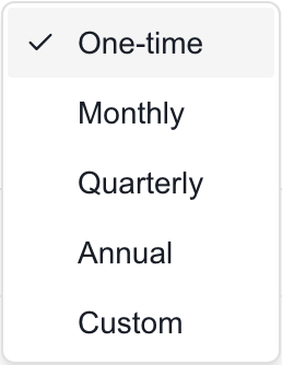 Budget line Recurrence menu offering One-time, Monthly, Quarterly, Annual and Custom.