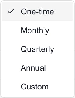 Budget line Recurrence menu offering One-time, Monthly, Quarterly, Annual and Custom.