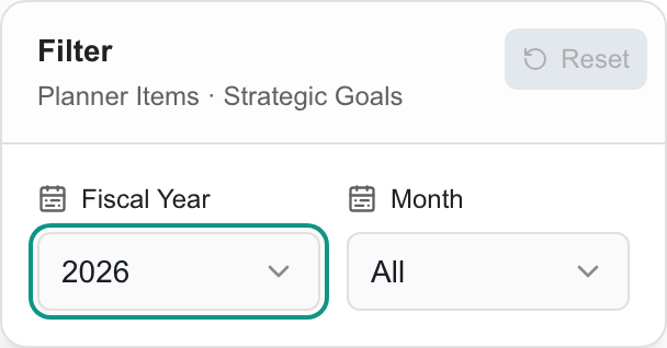 Planner and strategic goal filter set to fiscal year 2026 and all months.