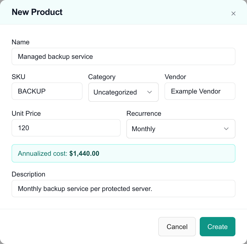 New Product form with an illustrative managed backup service, a monthly price of 120 and annualized cost of 1,440.