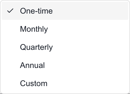 Product recurrence menu: One-time, Monthly, Quarterly, Annual and Custom.