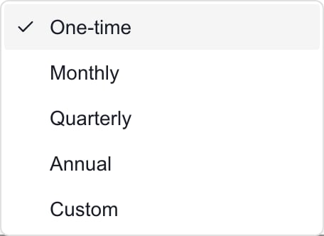 Product recurrence menu: One-time, Monthly, Quarterly, Annual and Custom.