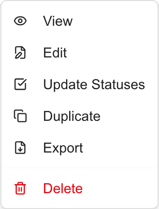 Budget row menu with View, Edit, Update Statuses, Duplicate, Export and Delete.