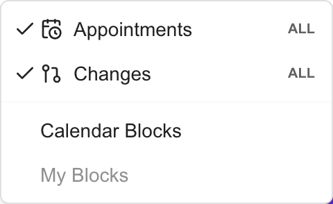 Calendar layers menu with Appointments and Changes set to All access, Calendar Blocks off and My Blocks disabled.