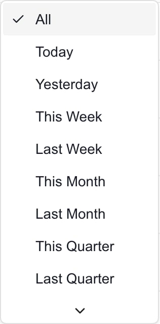 Date and Time filter showing All and relative day, week, month and quarter periods, with more options below.