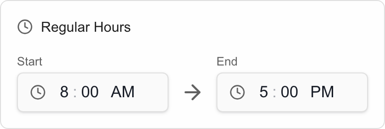 Regular Hours showing Start at 8 AM and End at 5 PM