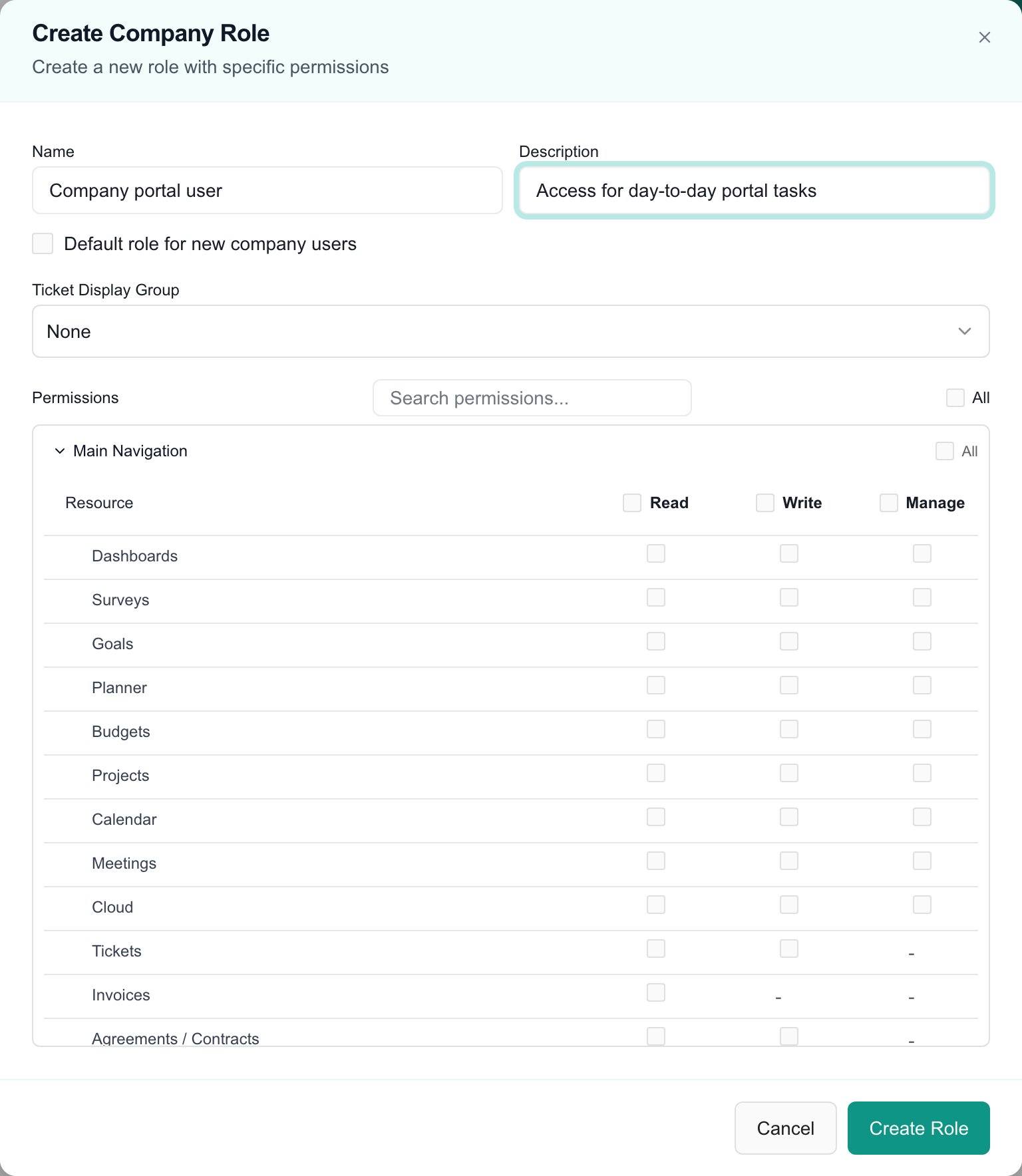Create Company Role dialog with name, description, ticket display group, permission matrix, and Create Role button