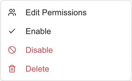 Dashboard bulk menu with Edit Permissions, Enable, Disable, and Delete