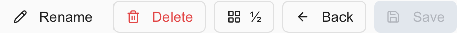 Dashboard editor controls for Rename, Delete, widget width, Back, and Save