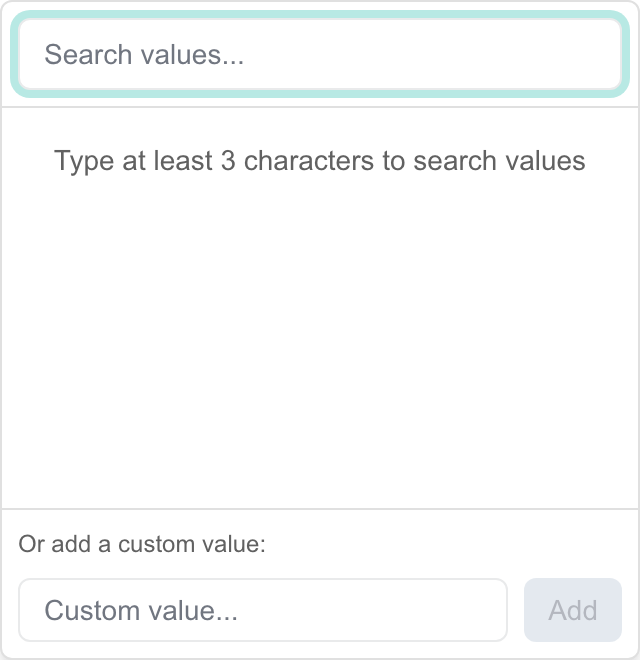 Exclusion search popover with the three-character search instruction and custom-value input.