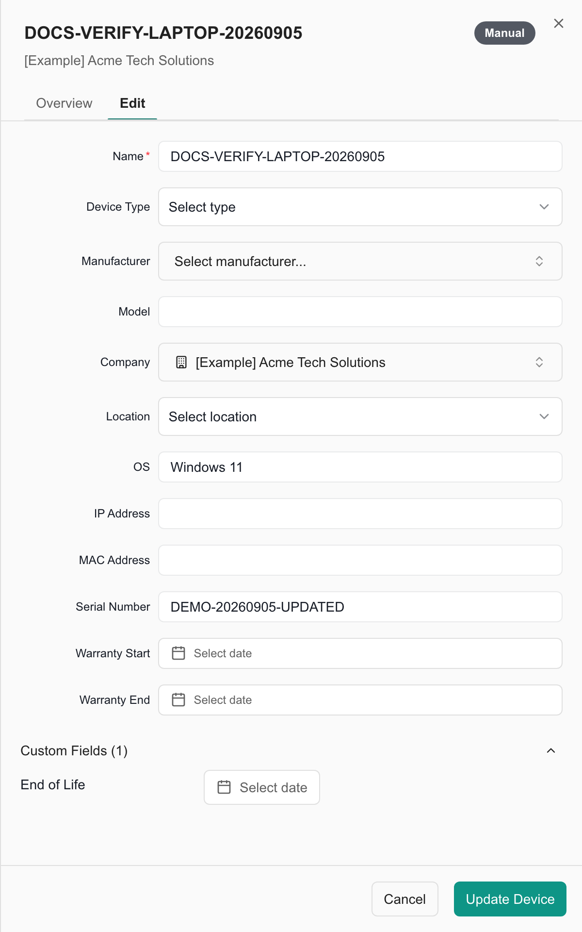 Manual device Edit tab showing the verified saved serial number, company, and Update Device button