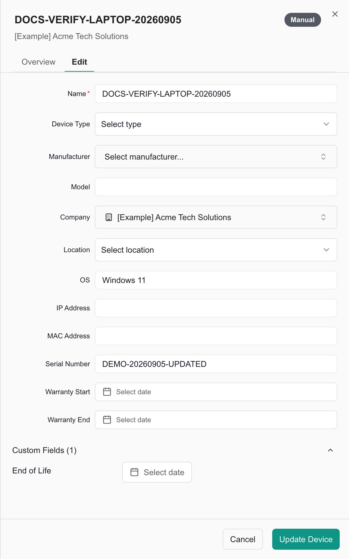 Manual device Edit tab showing the saved serial number, company, and Update Device button