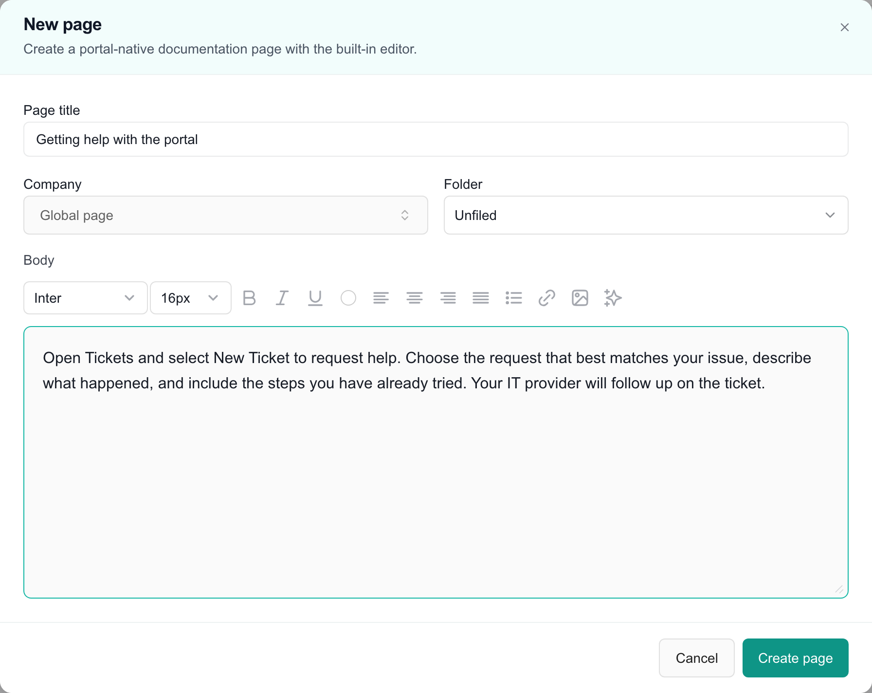 New page editor with an example title and body, company and folder selectors, and Cancel and Create page controls.