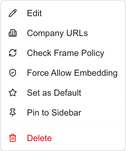 External dashboard actions for editing, company URLs, frame policy, defaults, sidebar pinning and deletion.