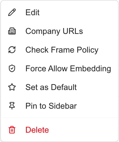 External dashboard actions for editing, company URLs, frame policy, defaults, sidebar pinning and deletion.