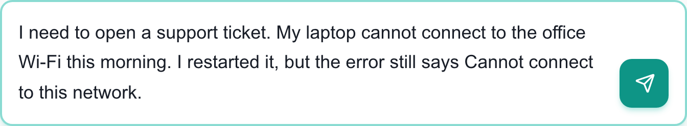 Home AI Assistant message box containing an unsent example Wi-Fi support request and the Send control