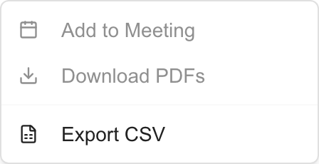 Invoice Actions menu with Download PDFs disabled until rows are selected and Export CSV available