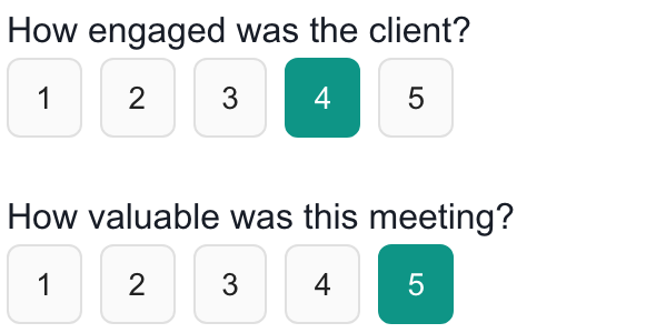 Example engagement and meeting-value questions with one-to-five rating buttons