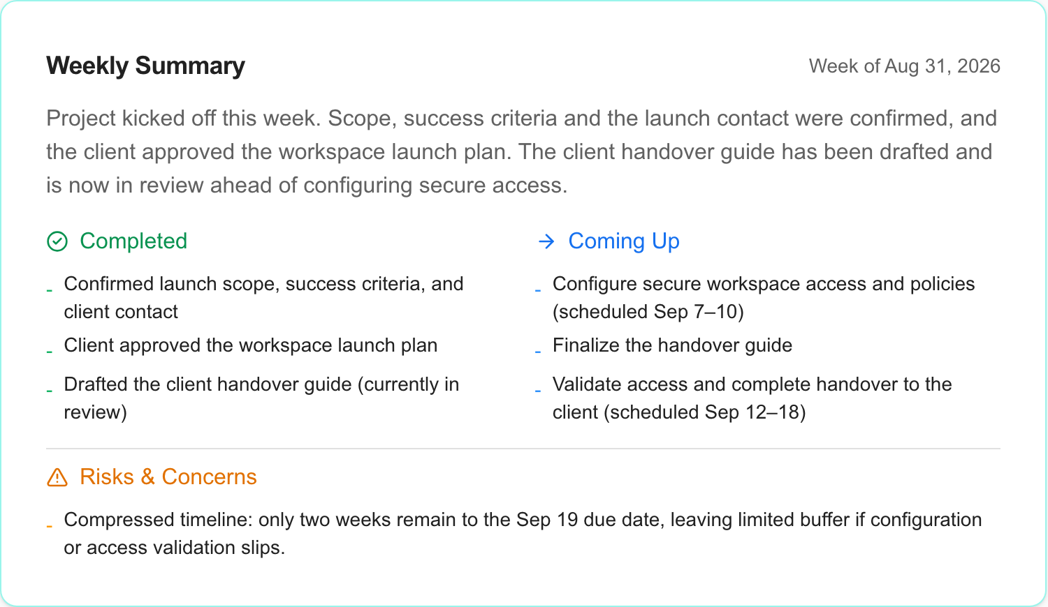 Saved weekly summary showing completed work, next steps, and risks from the native project.
