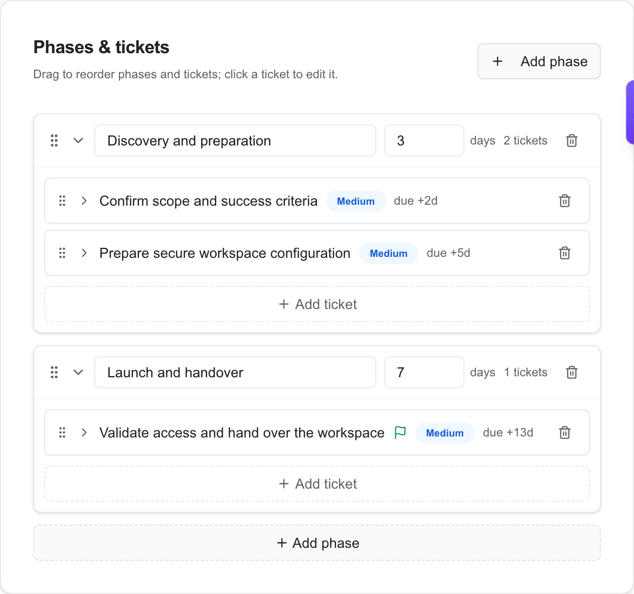 Client Workspace Launch template with discovery and handover phases and three reusable tickets.