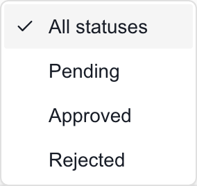 Approval status filter with All statuses, Pending, Approved and Rejected.