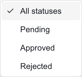 Approval status filter with All statuses, Pending, Approved and Rejected.