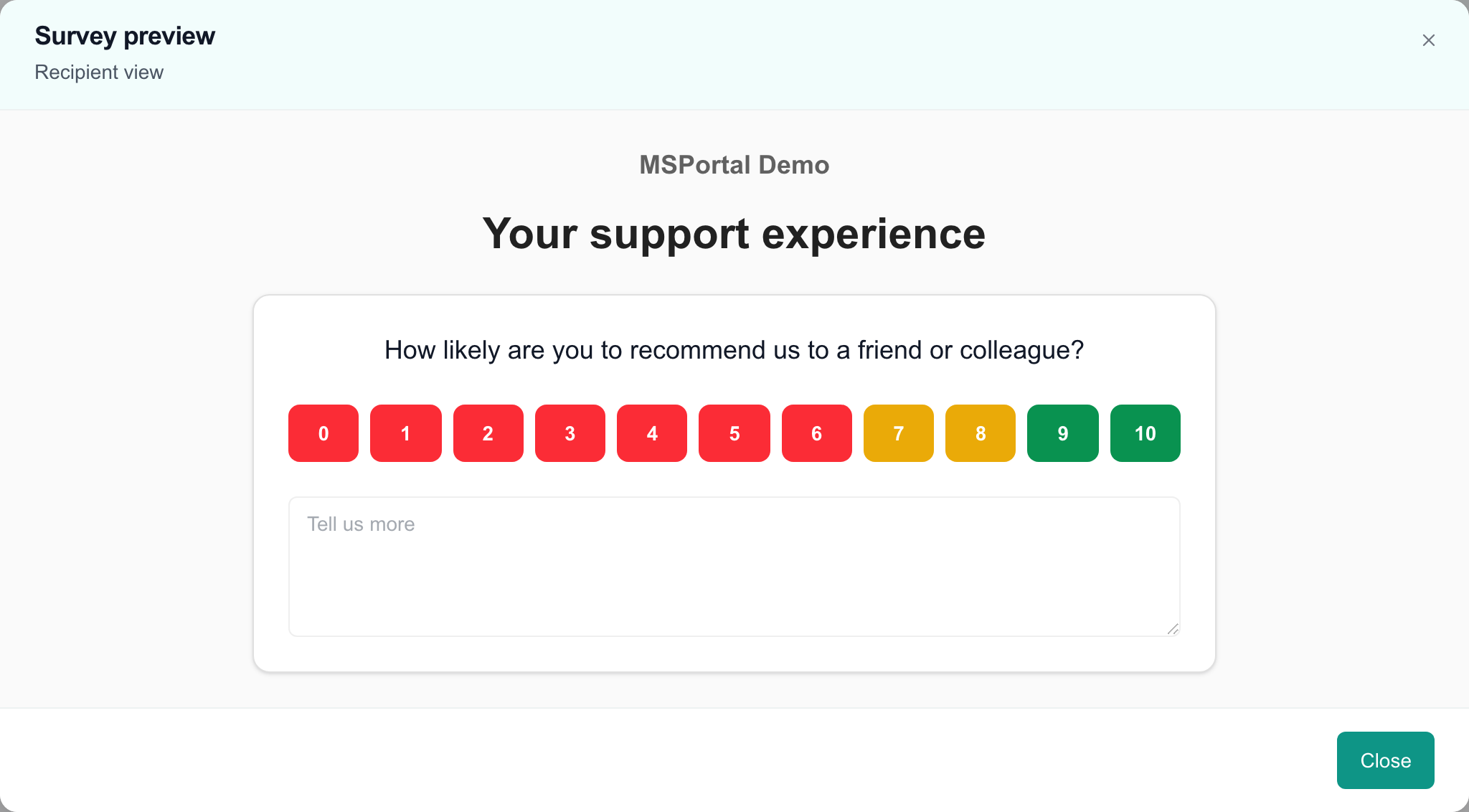 Example NPS preview with a 0–10 recommendation scale and optional feedback field