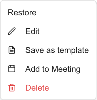 Archived Planner item menu showing Restore and the separate Delete action.