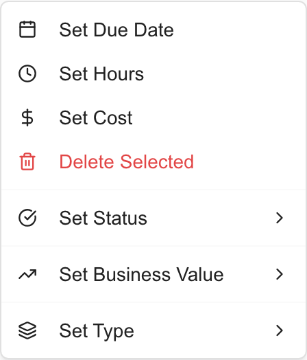 Planner bulk menu with date, hours, cost, deletion, status, business value and type actions.