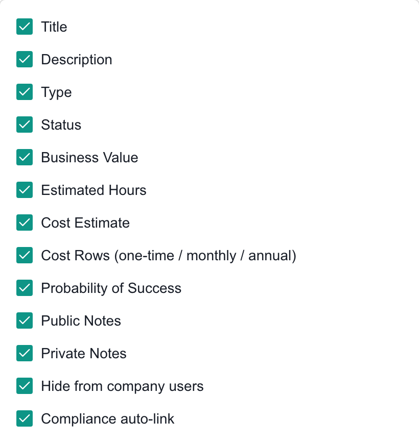 The thirteen bulk-template fields, including costs, notes, visibility and compliance auto-link, all selected.