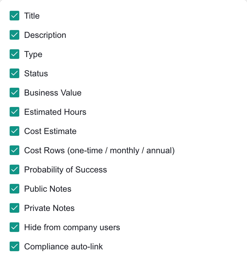 The thirteen bulk-template fields, including costs, notes, visibility and compliance auto-link, all selected.