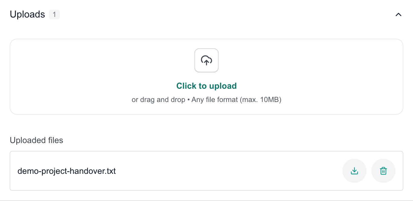 Planner Uploads section showing a demo handover text file with Download and Delete controls.