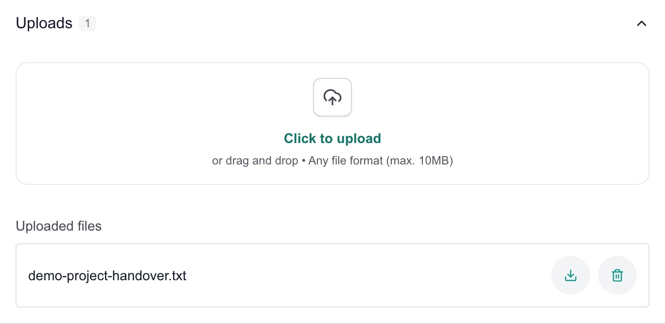 Planner Uploads section showing a demo handover text file with Download and Delete controls.
