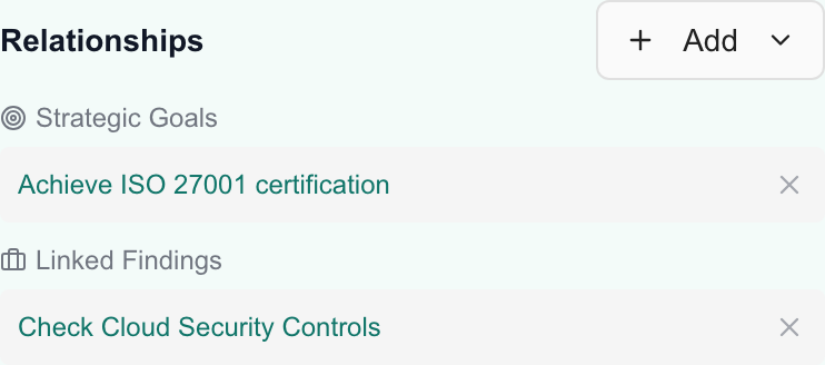Planner Relationships section showing a linked goal and compliance assignment with remove controls.