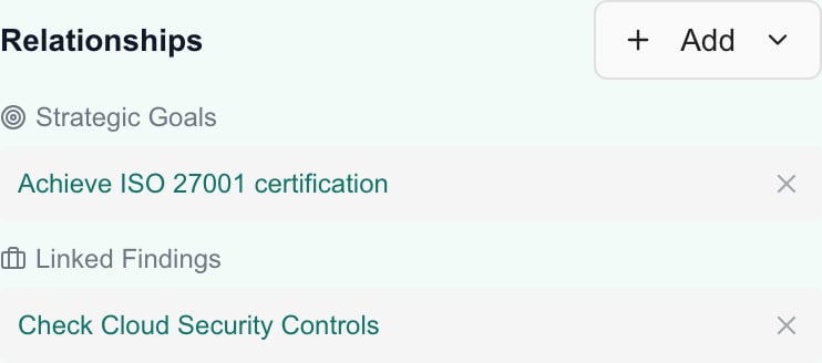 Planner Relationships section showing a linked goal and compliance assignment with remove controls.