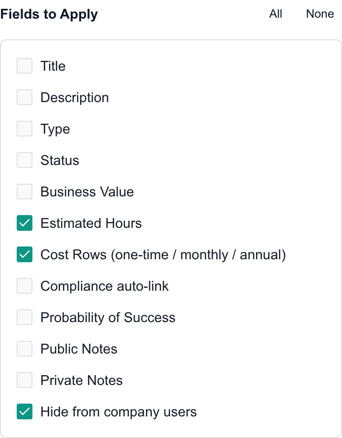 Fields to Apply with only Estimated Hours, Cost Rows and Hide from company users selected.