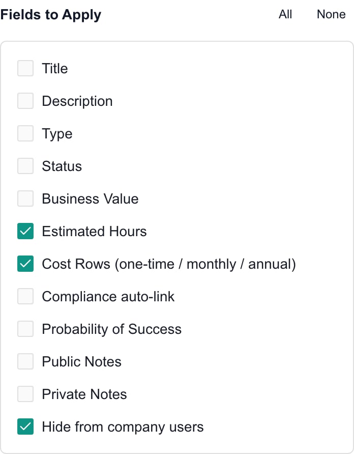 Fields to Apply with only Estimated Hours, Cost Rows and Hide from company users selected.