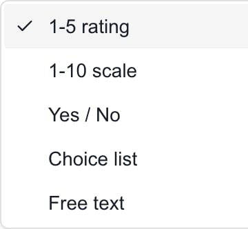 Answer-type menu with 1-5 rating, 1-10 scale, Yes / No, Choice list and Free text