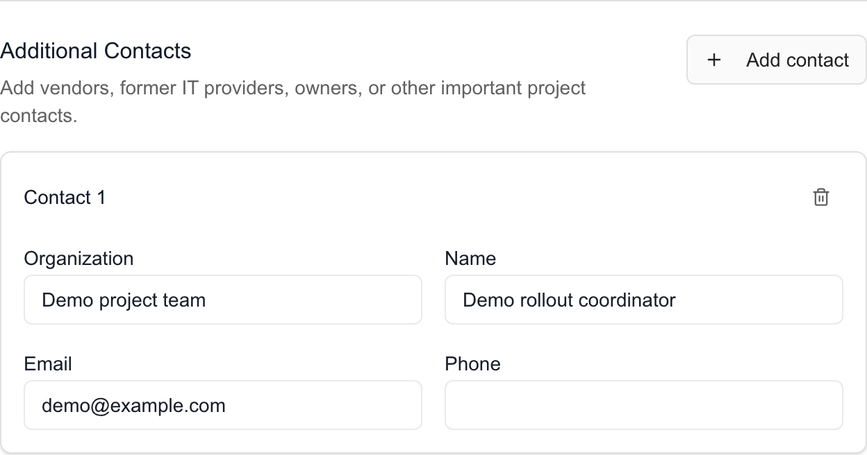MSP Additional Contacts form with synthetic organization, name and email details