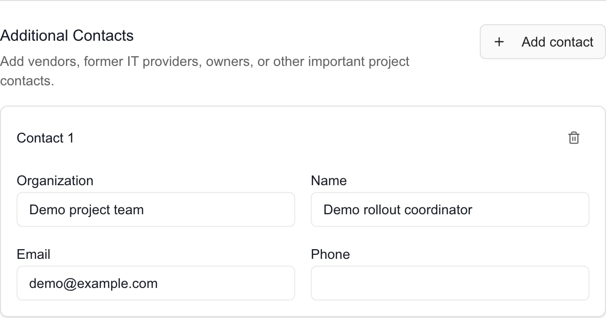 MSP Additional Contacts form with synthetic organization, name and email details