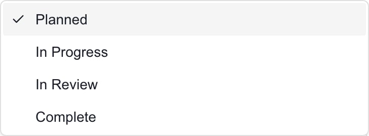 MSP deliverable Status menu with Planned, In Progress, In Review and Complete