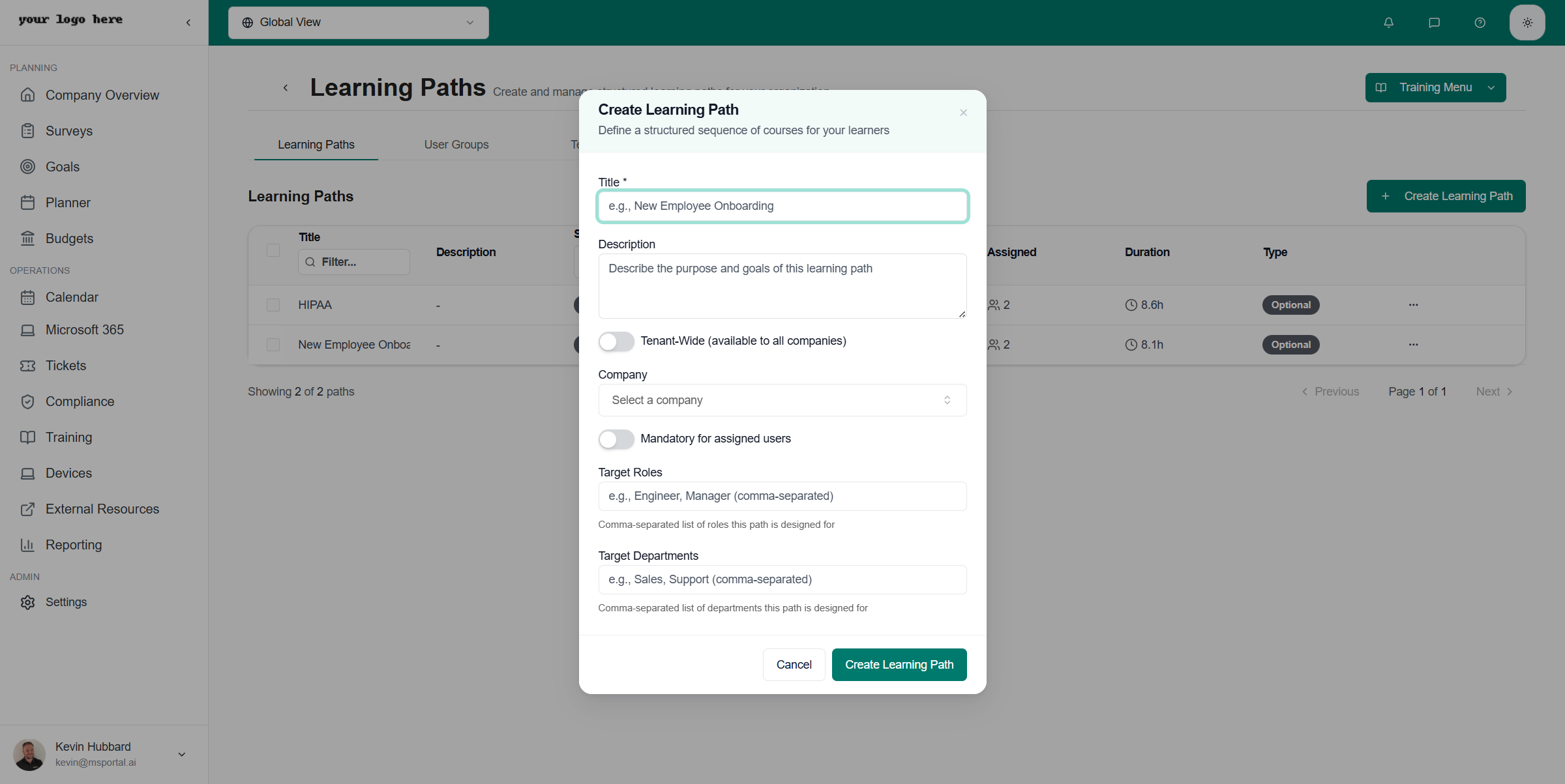 Create Learning Path Dialog