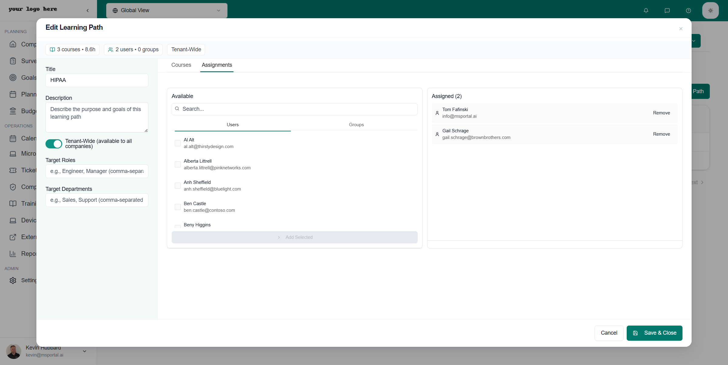 Edit Learning Path - Assignments Tab