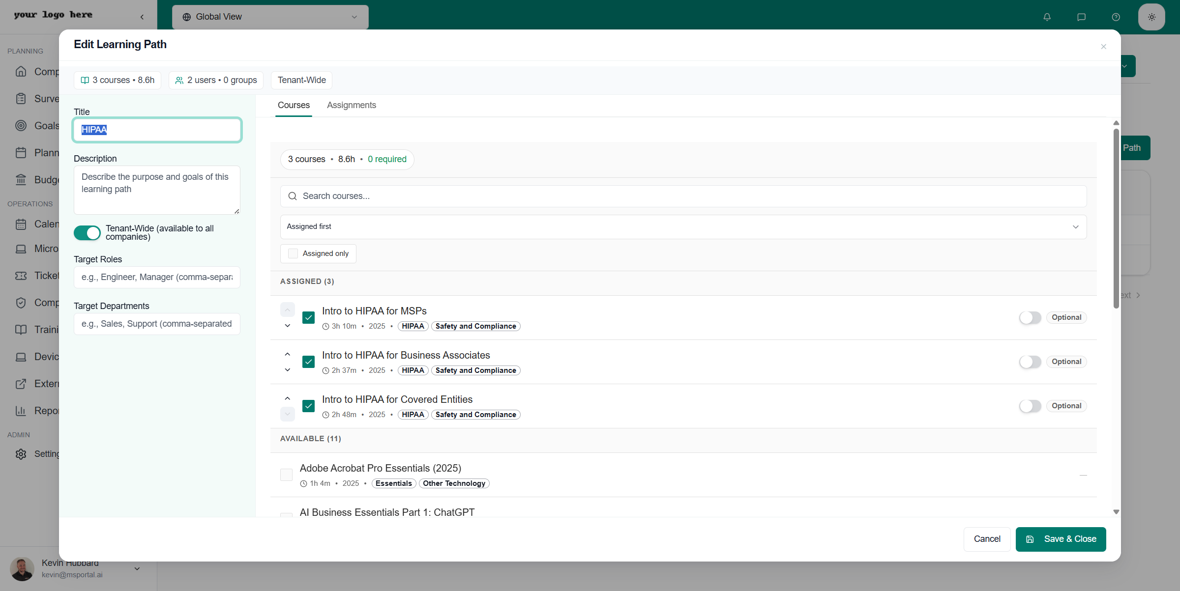 Edit Learning Path - Courses Tab