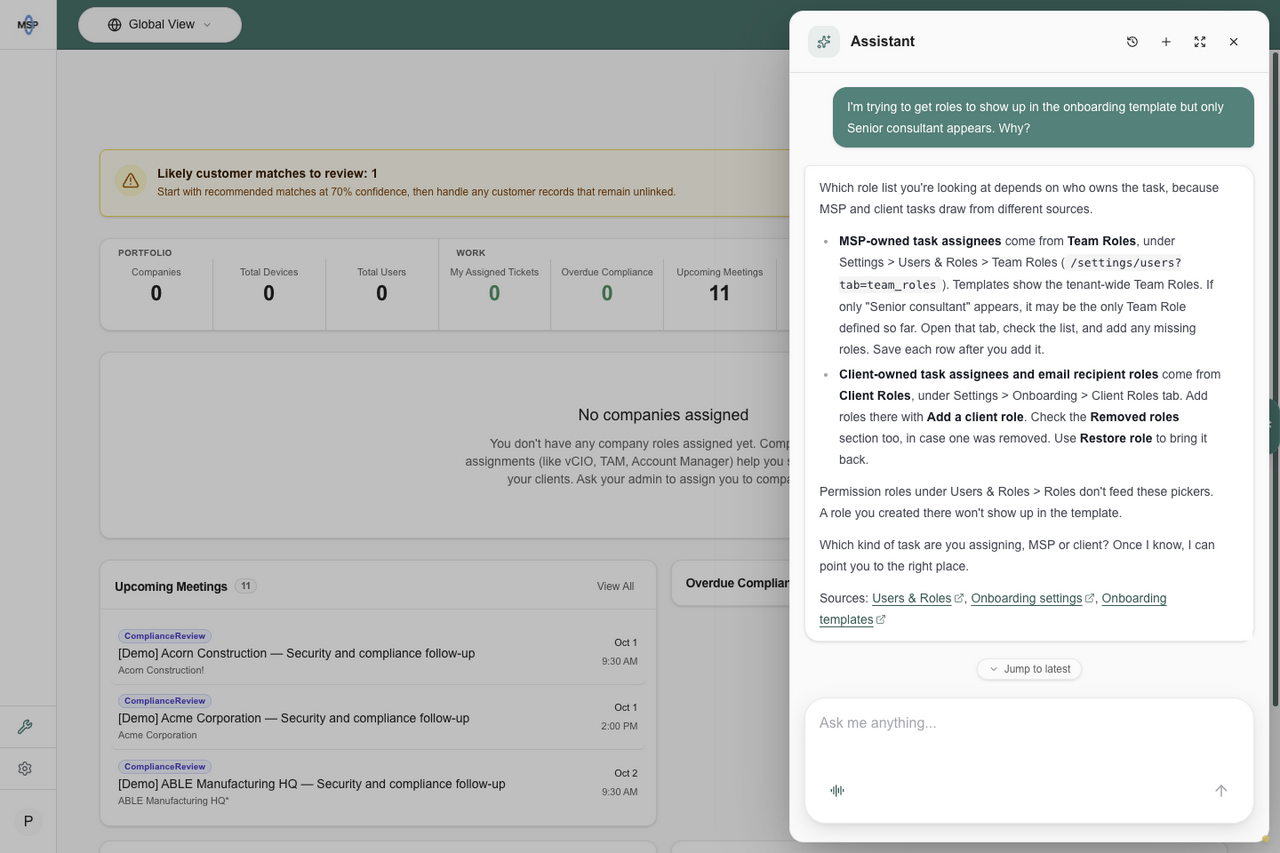 The assistant explaining Team Roles for MSP-owned onboarding tasks and Client Roles for client tasks.
