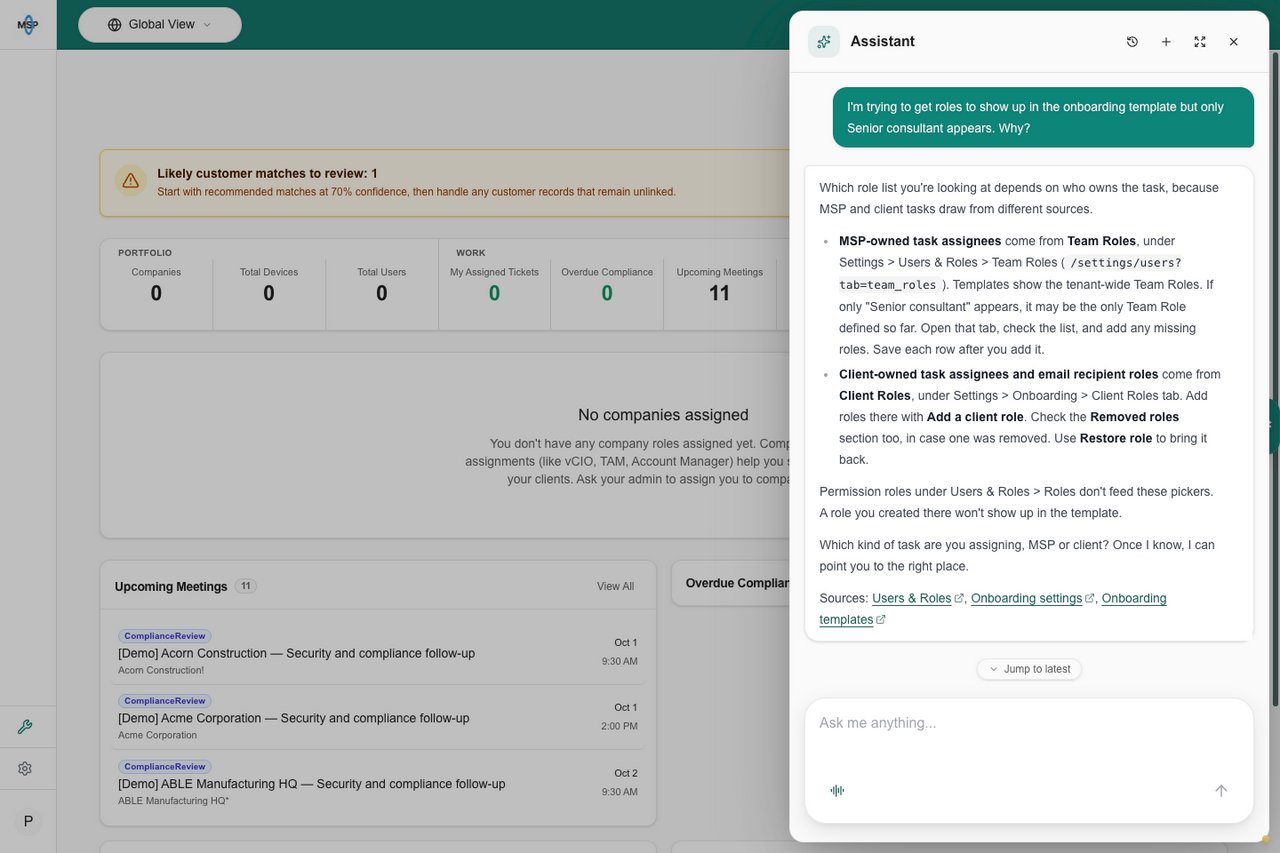 The assistant explaining Team Roles for MSP-owned onboarding tasks and Client Roles for client tasks.
