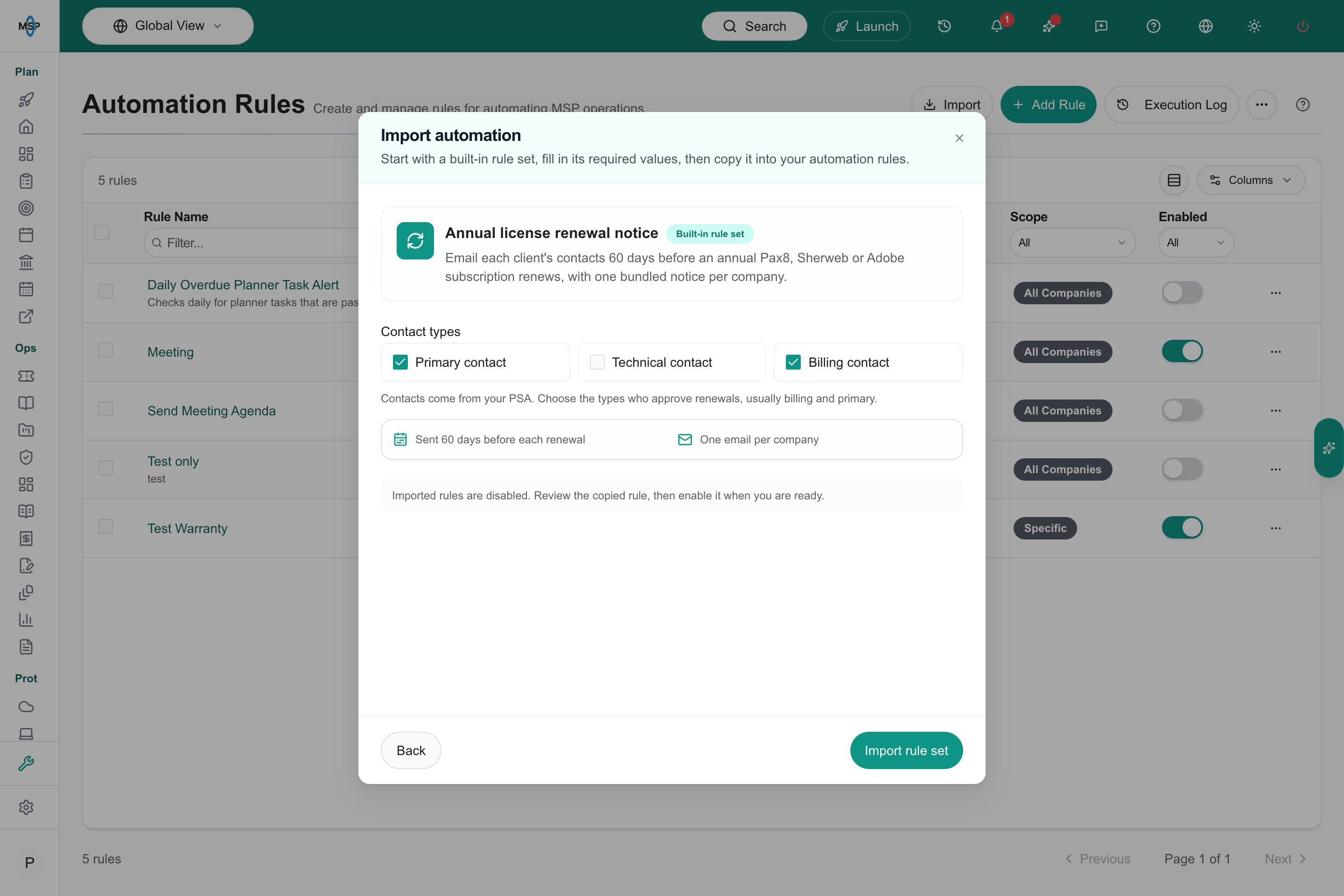 Import automation dialog with the Annual license renewal notice rule set and its contact types