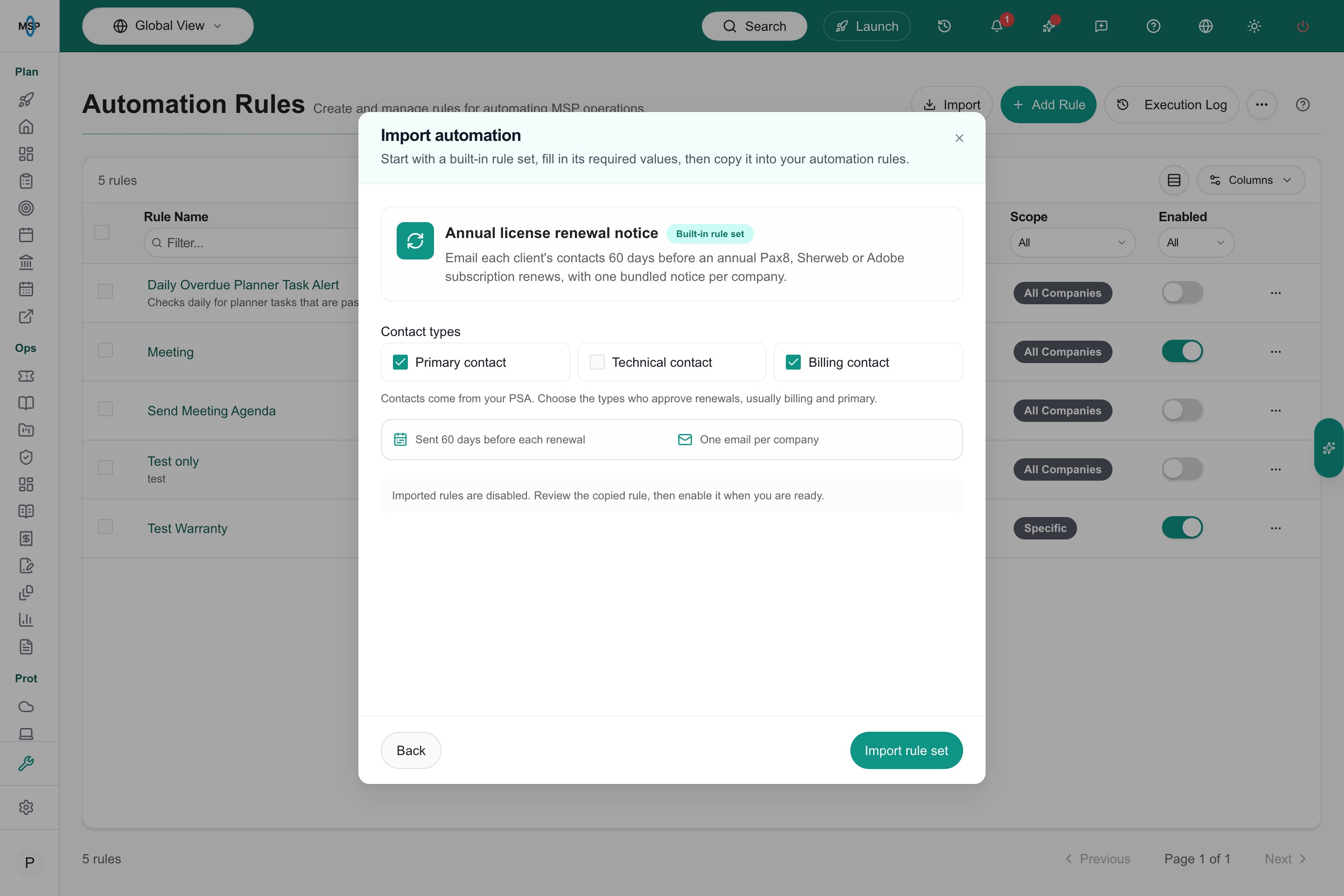 Import automation dialog with the Annual license renewal notice rule set and its contact types